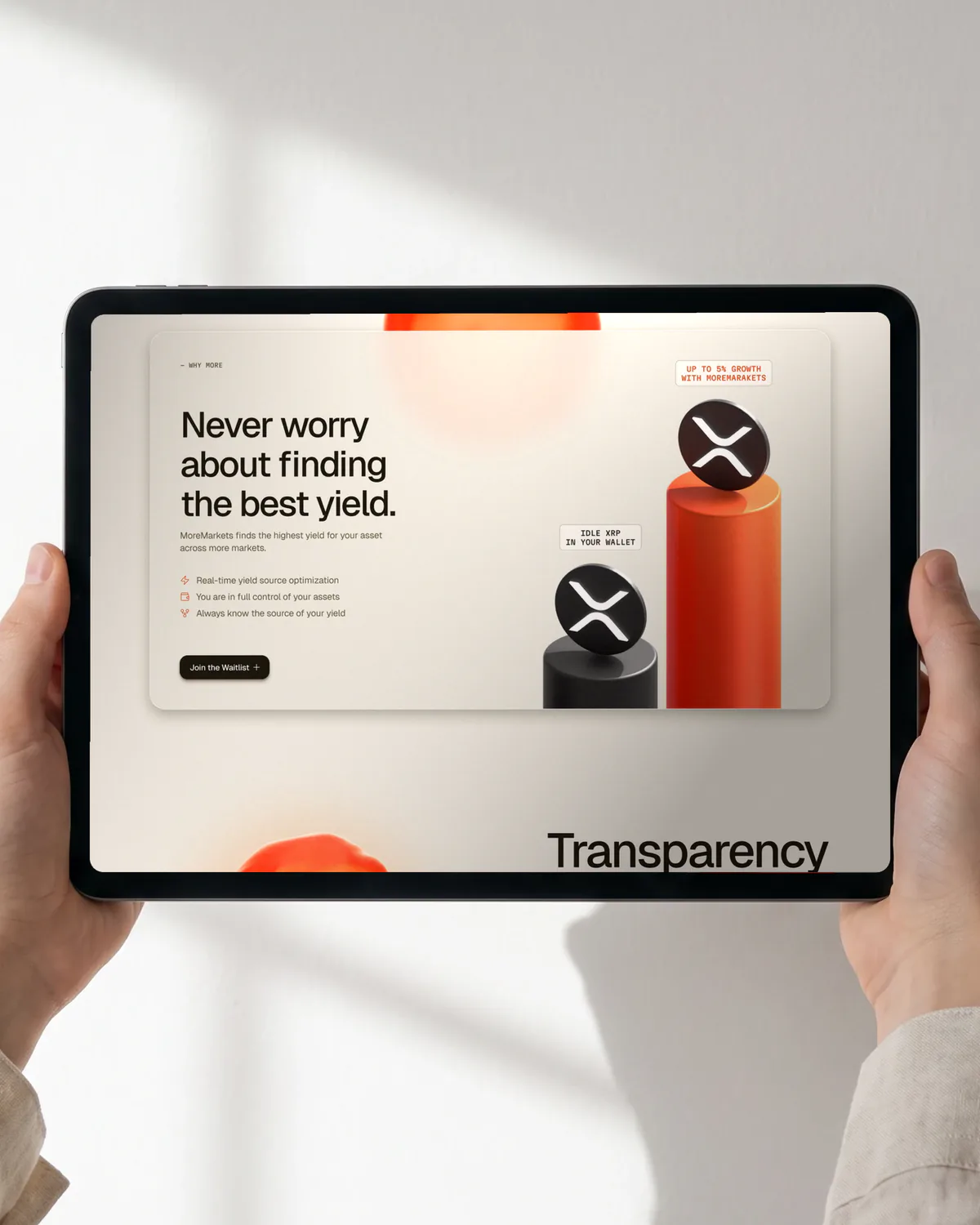 Two hands hold an iPad open on the MoreMarkets page Never worry about finding the best yield